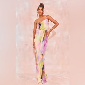 TALL Purple Watercolor Print Plisse Strappy Maxi Dress